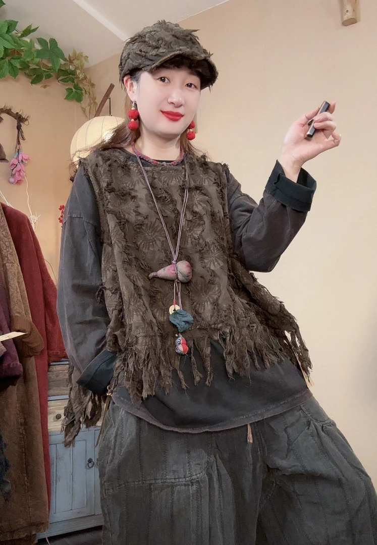 【语禾】FF6558新春款野战超酷毛边流苏个性单层平安马甲（胸围130）