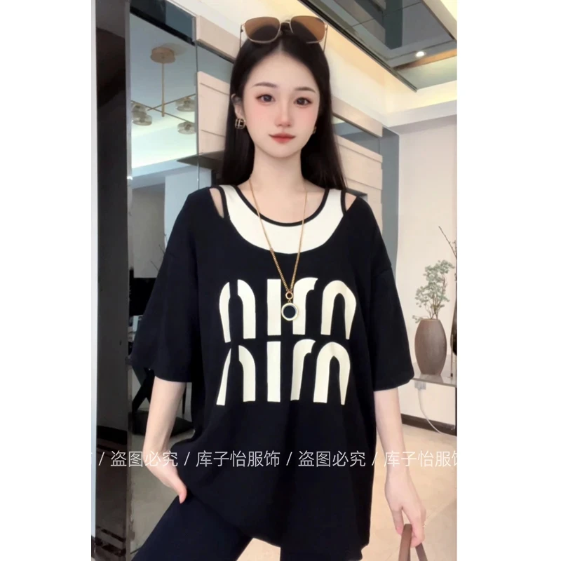 现货送运费险】中长款短袖T恤女假两件双肩镂空休闲宽松韩版时尚时