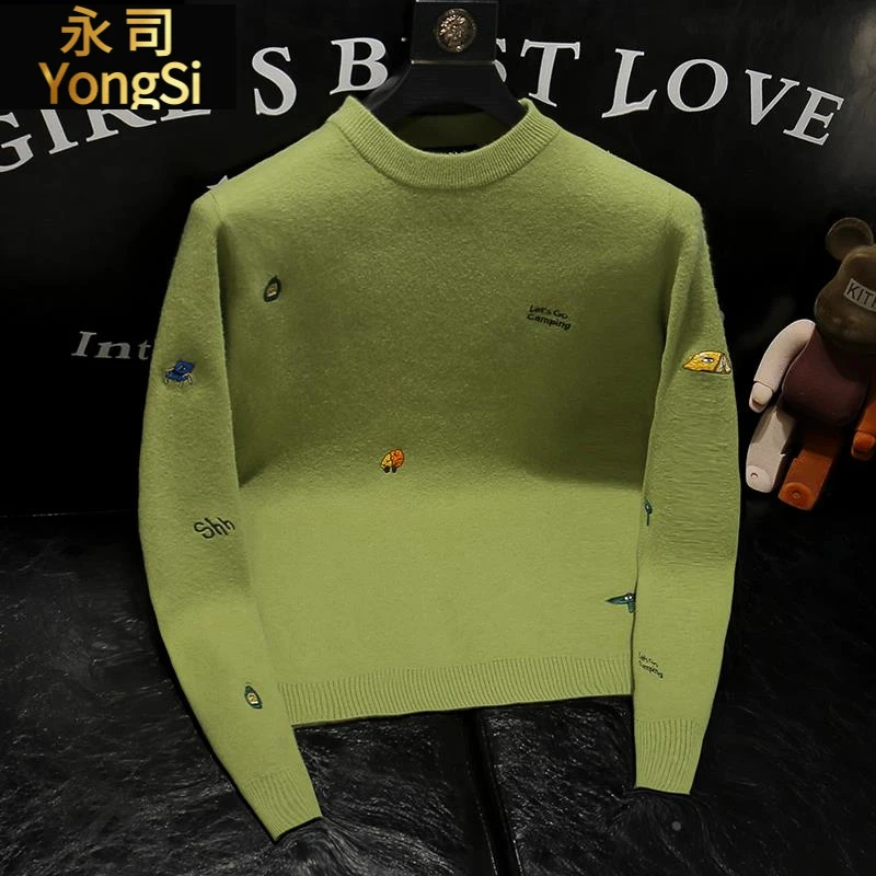 2025秋冬新款潮牌个性刺绣圆领针织衫潮流修身毛衣休闲男士打底衫