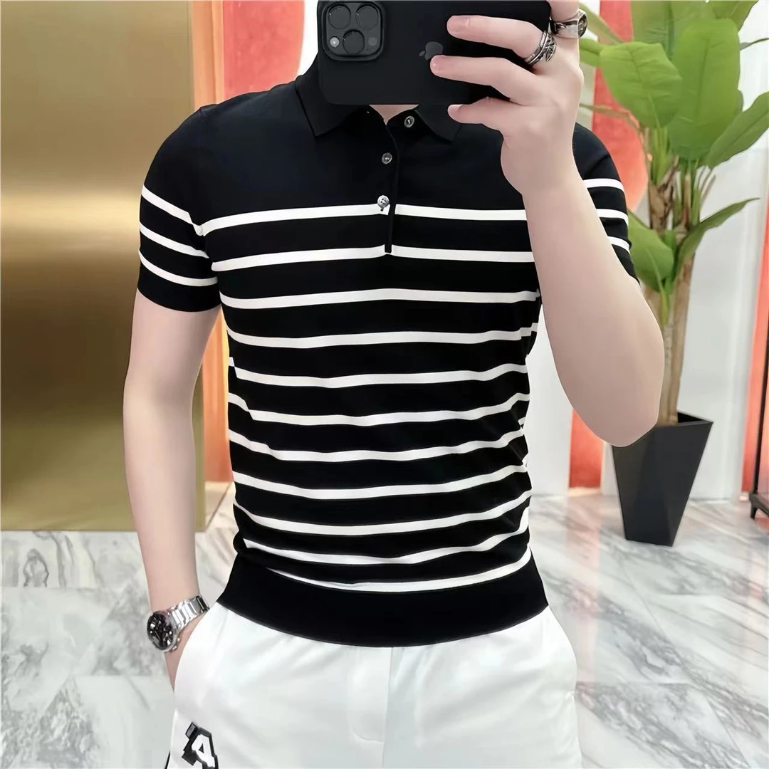 度尚-夏季新款男士冰麻针织薄款时尚休闲条纹翻领POLO衫短袖
