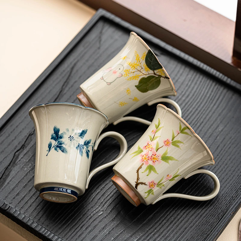 草木灰手绘月兔创意花瓣杯主人杯单杯女咖啡杯陶瓷喝茶马克杯带柄