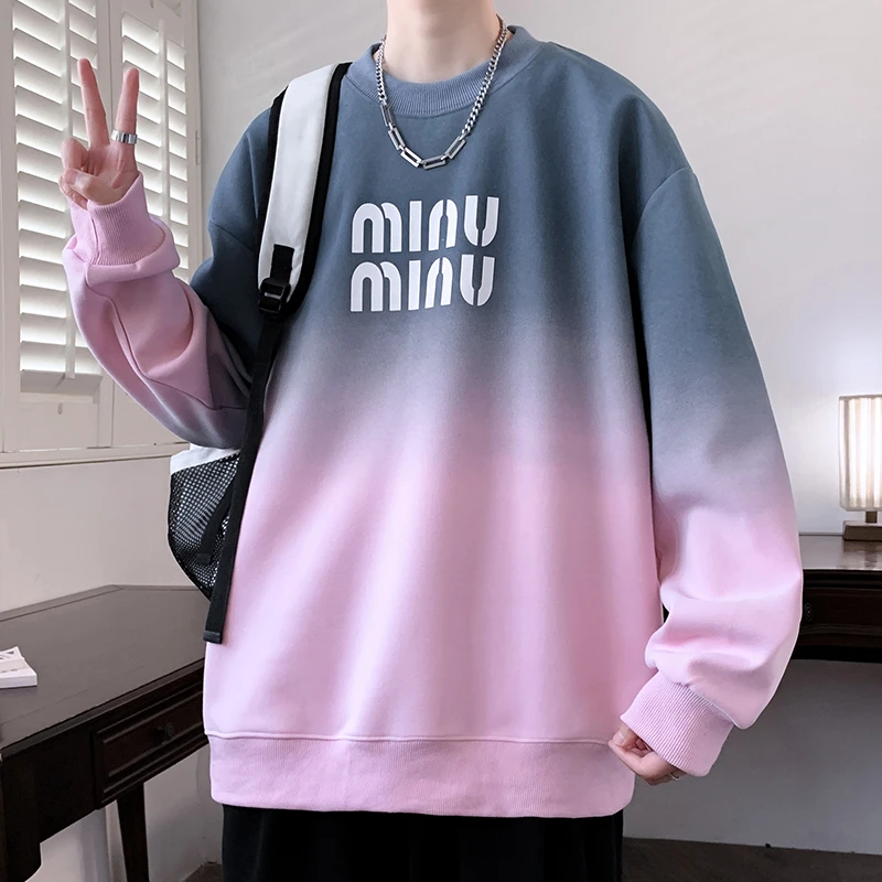 渐变色卫衣男春秋季新款圆领长袖t恤男青少年潮牌多巴胺打底衫男T