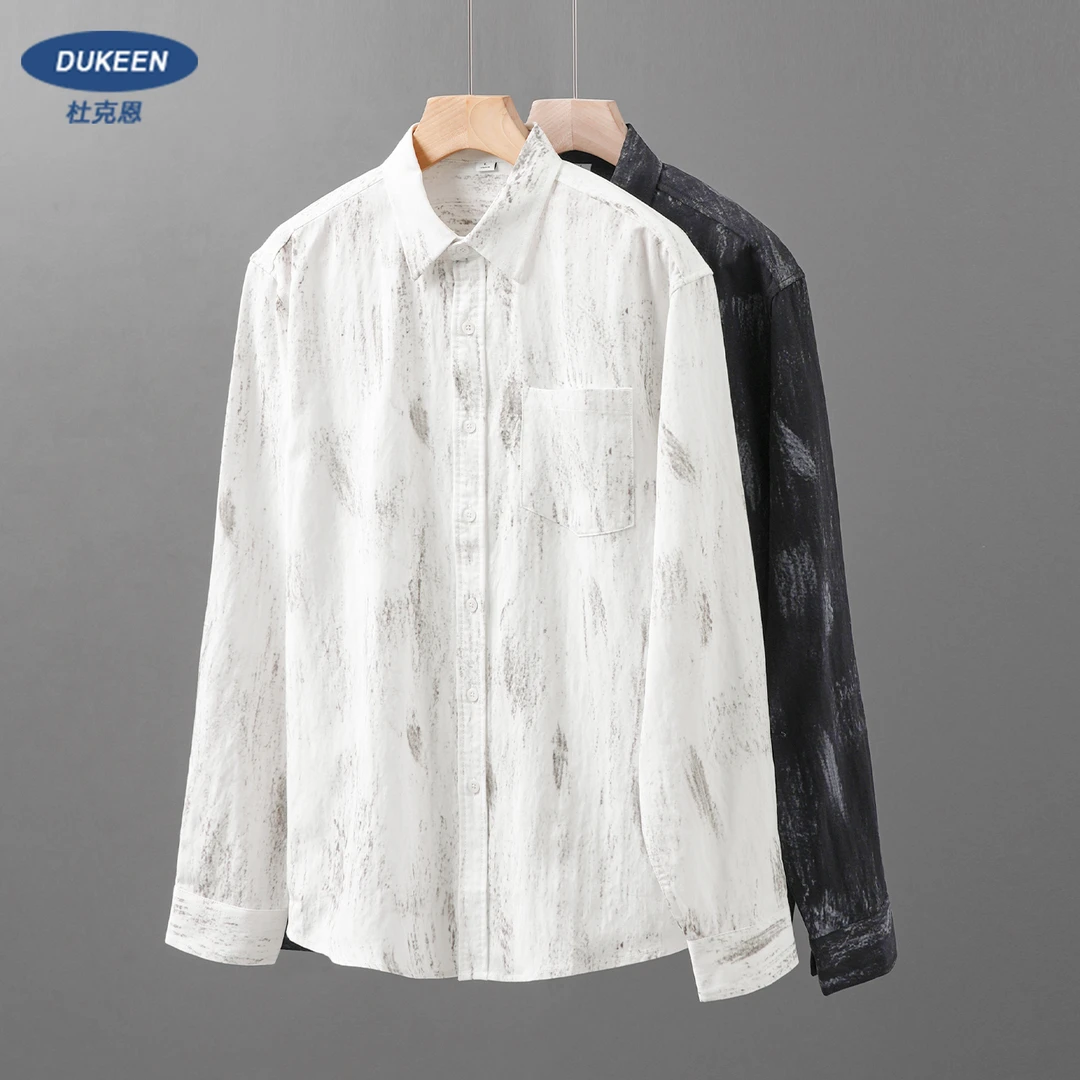 杜克恩天丝印花衬衫男士长袖宽松日系中式文艺垂感衬衣外套薄款