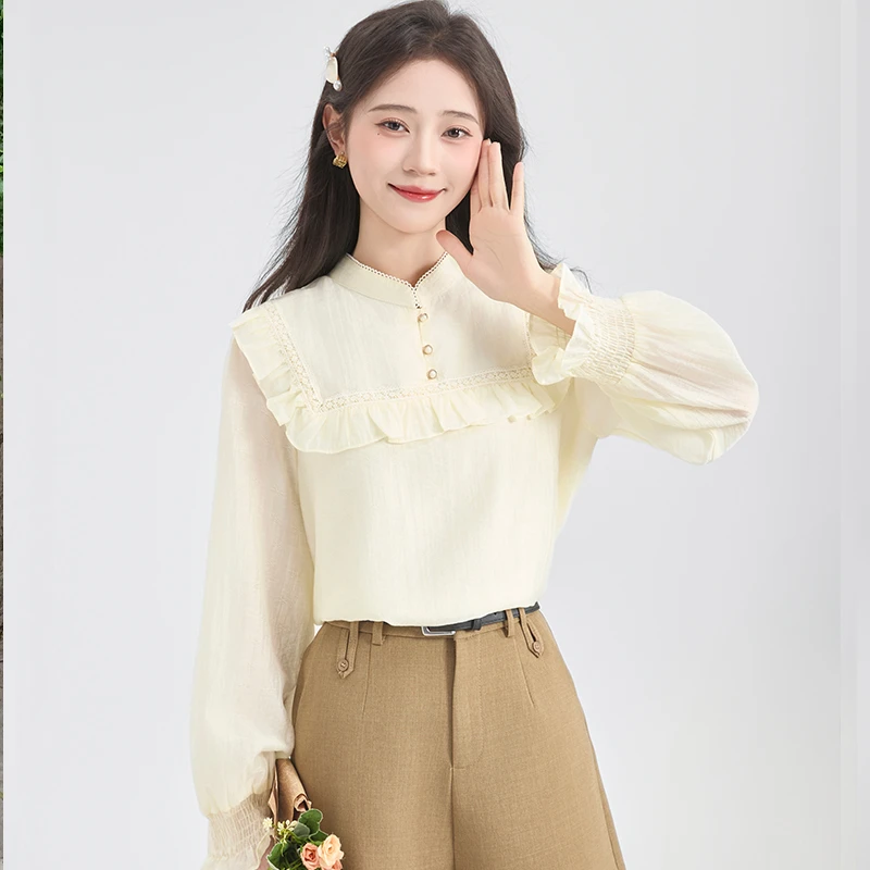 慕兔法式复古气质缩口袖荷叶边衬衫女2025春季新款纯色百搭短上衣