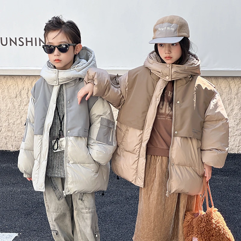 智慧男女童装儿童羽绒服秋冬新款中大童假两件拼色羽绒服宝宝外套
