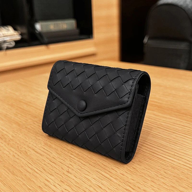 BOSOM VARVLEBV【胎牛皮】头层牛皮便捷折叠零钱包手工编织卡包短款