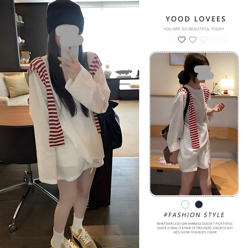 休闲条纹披肩防晒上衣套装女2025夏季新款韩系减龄风系带短裙套装