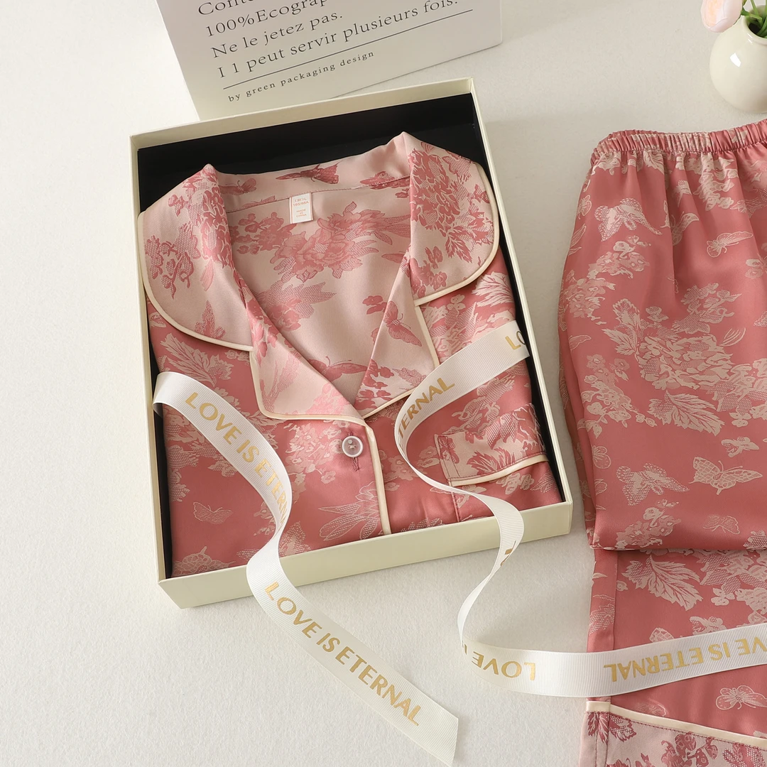 睡衣女春夏秋冰丝短袖长裤蝶恋花提花薄款家居服套装可外穿