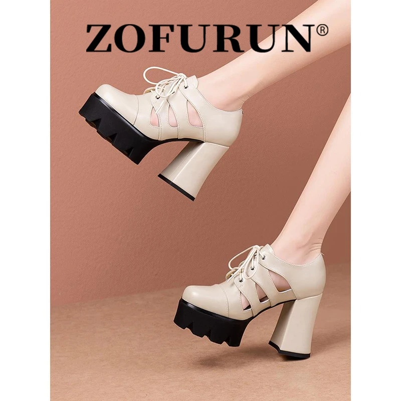 ZOFURUN圆头防水台高跟鞋女时尚新款真皮女厚底粗跟镂空罗马凉鞋