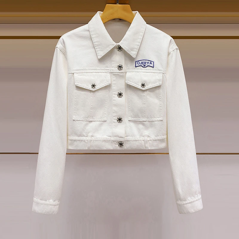 早秋2023新款重工刺绣短款牛仔外套女翻领香风单排扣上衣
