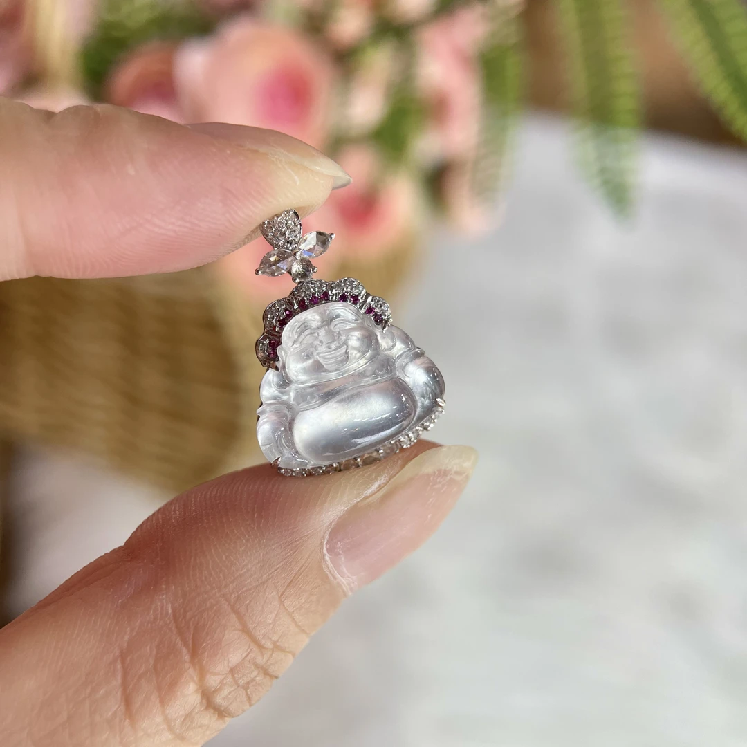 天然A货翡翠18K镶嵌高冰佛公吊坠