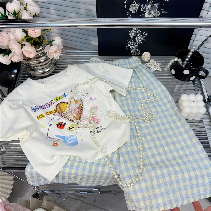 【亲子款】韩系慵懒风卡通印花夏季短袖格子阔腿裤套装女童夏季新款