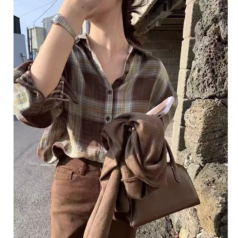 双层棉纱格子衬衫！2025早秋慵懒宽松显瘦防晒衬衣外套女