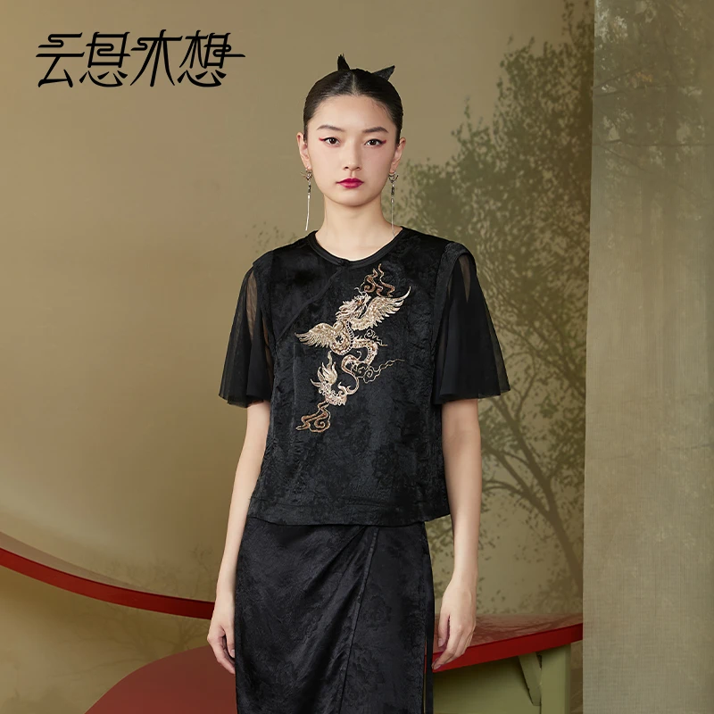 Ysimo-X云思木想原创中国风2024夏季新款绣花网纱拼接衬衫11825