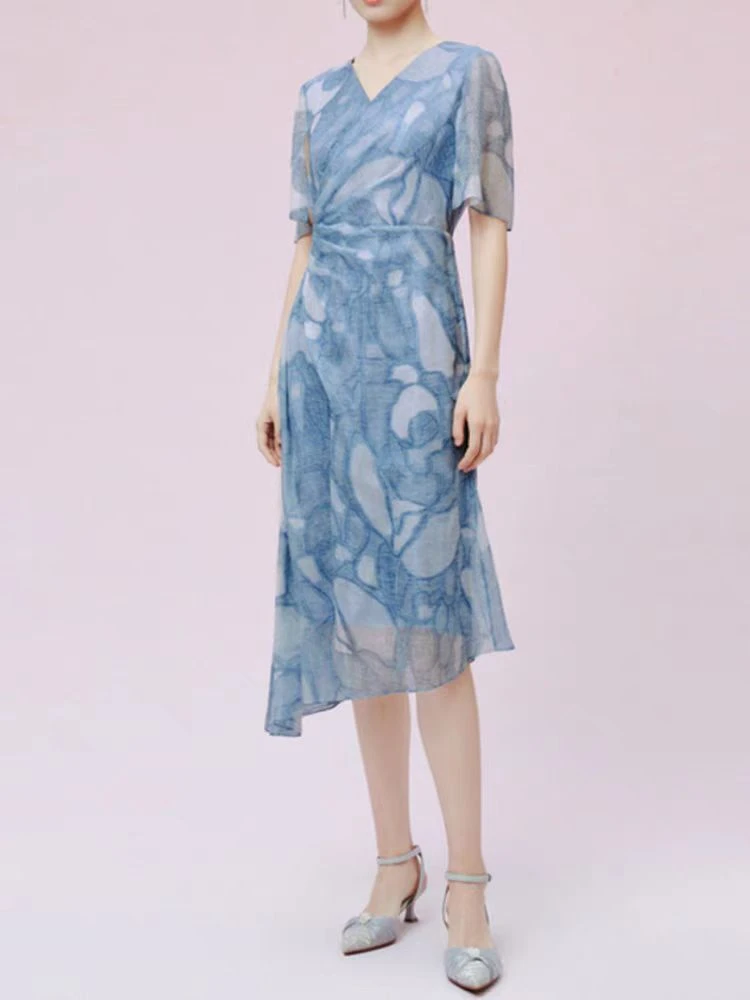 【拉】新款印花v领短袖桑蚕丝连衣裙-1138
