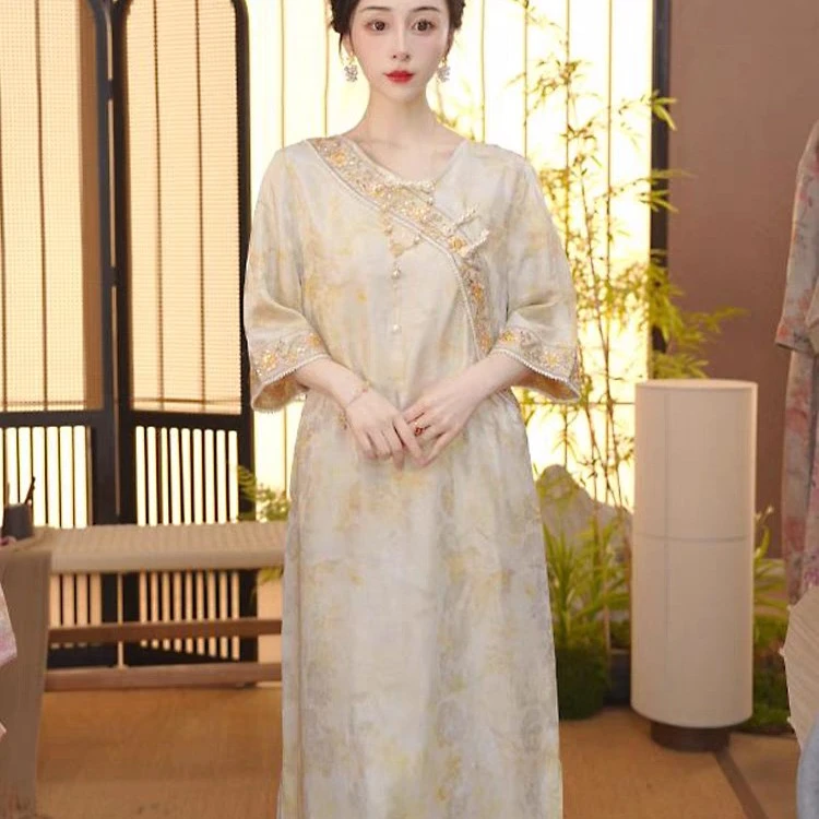 A字裙斜襟新中式夏季V领连衣裙印花女装日常唐装汉服复古中式