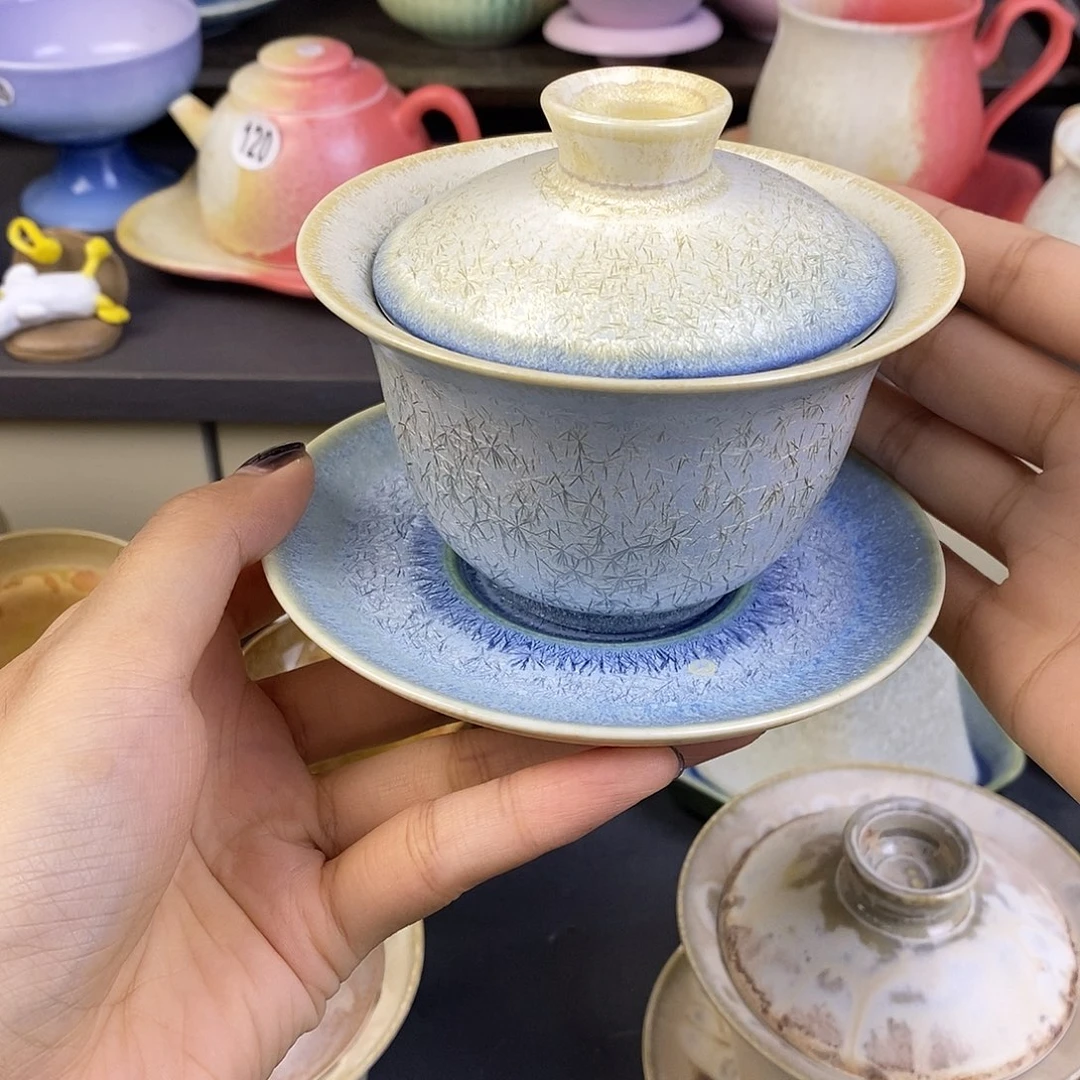 理***儿景德镇高温颜色釉三才盖碗