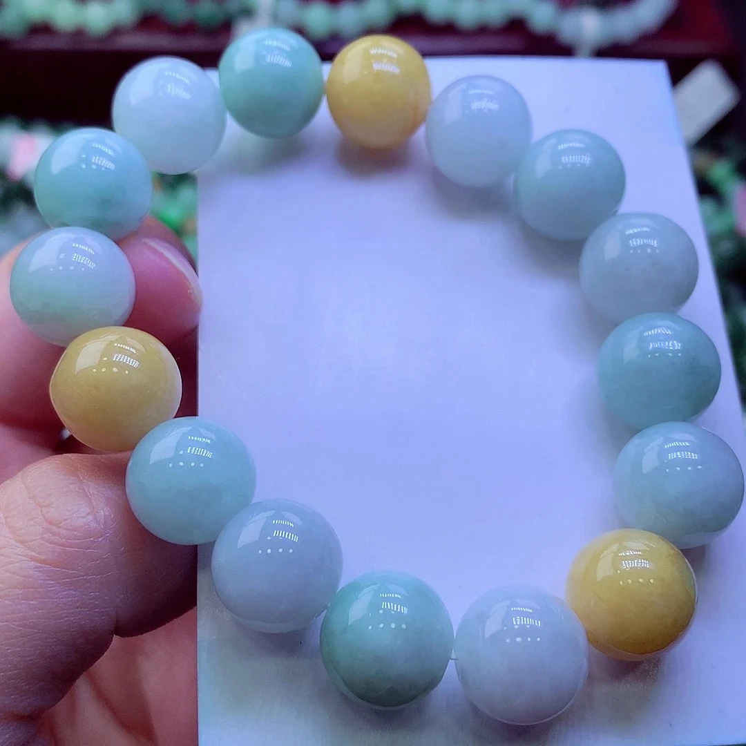 正品天然翡翠A货 老坑圆珠多宝手串13彩色时尚糖果色渐变素款珠珠