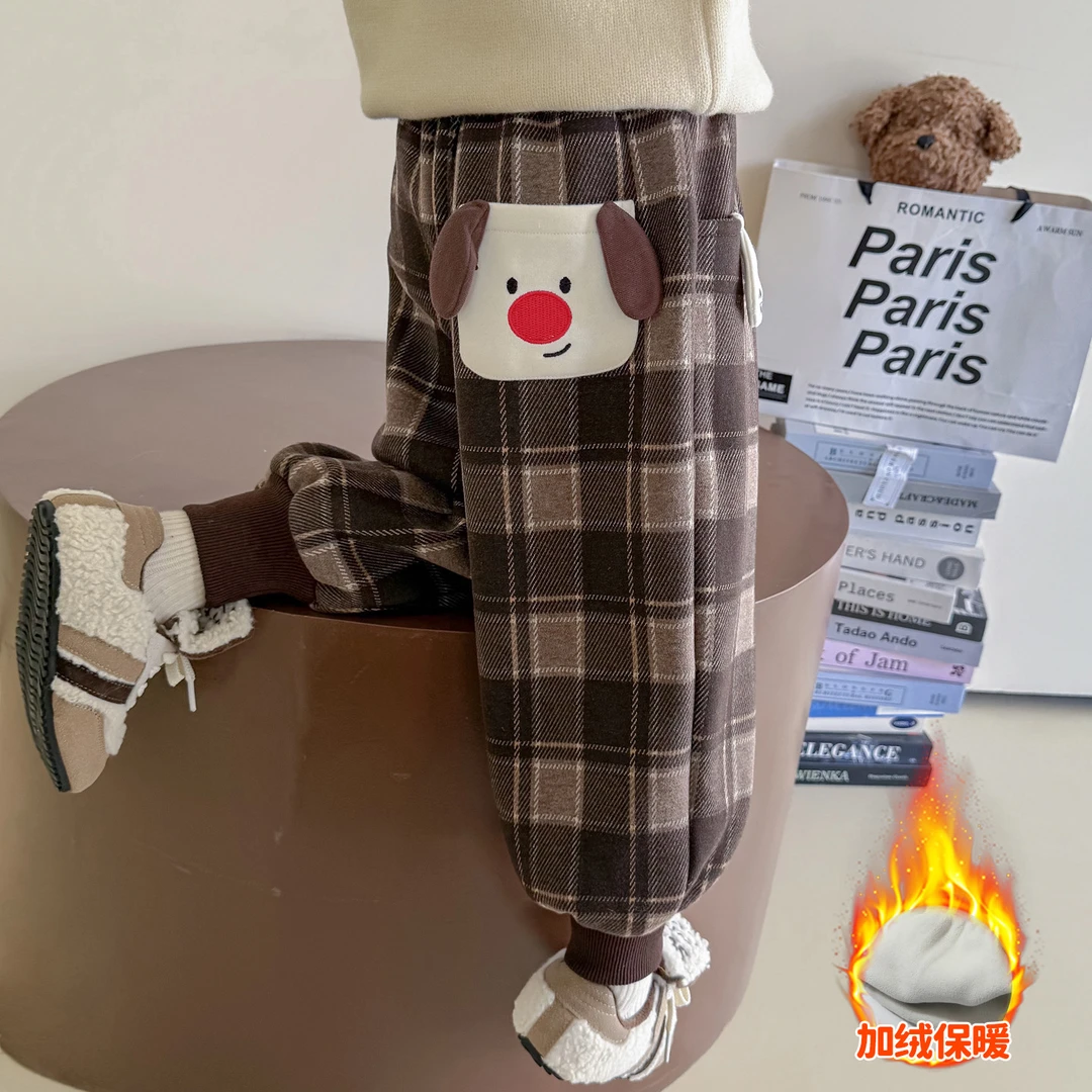 女童加绒格子裤洋气秋冬款女宝宝一体绒休闲束脚裤小女孩加厚裤子