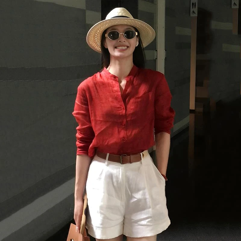 覆古红色立领冰丝长袖衬衫女2025新款春秋宽松小个子防晒上衣