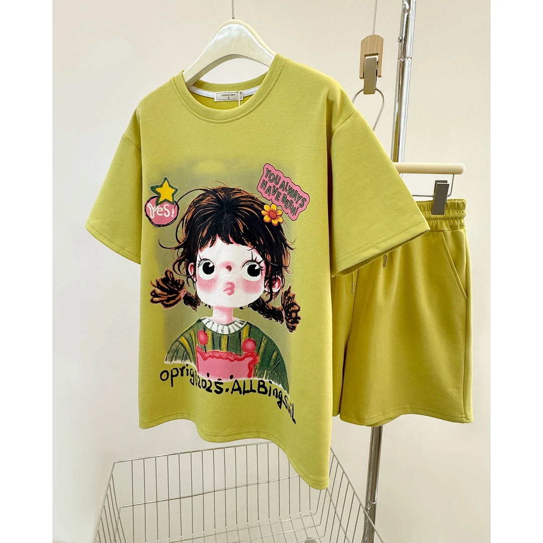 【2176】时尚潮流美式休闲卡通女孩印花短袖T恤女宽松百搭网红套装