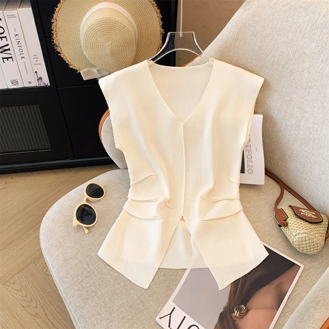 专柜撤回剪标法式V领小飞袖T恤女夏季新款复古洋气褶皱修身短上衣