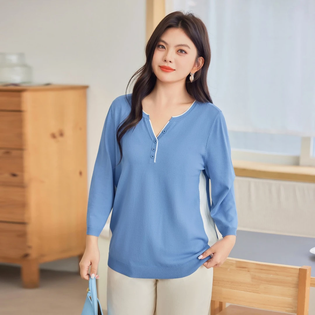 MsShe大码女装2025新款秋装简约气质撞色V领七分袖针织衫A2507034