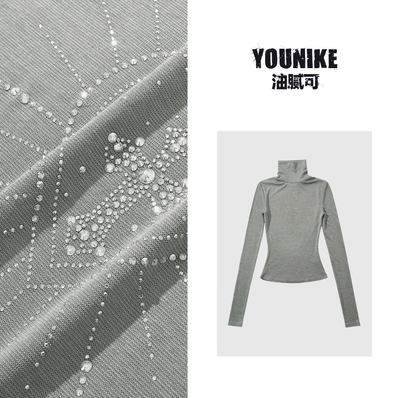 油腻可 欧美风高领收腰短款烫钻纯色长袖T恤女冬修身显瘦打底上衣