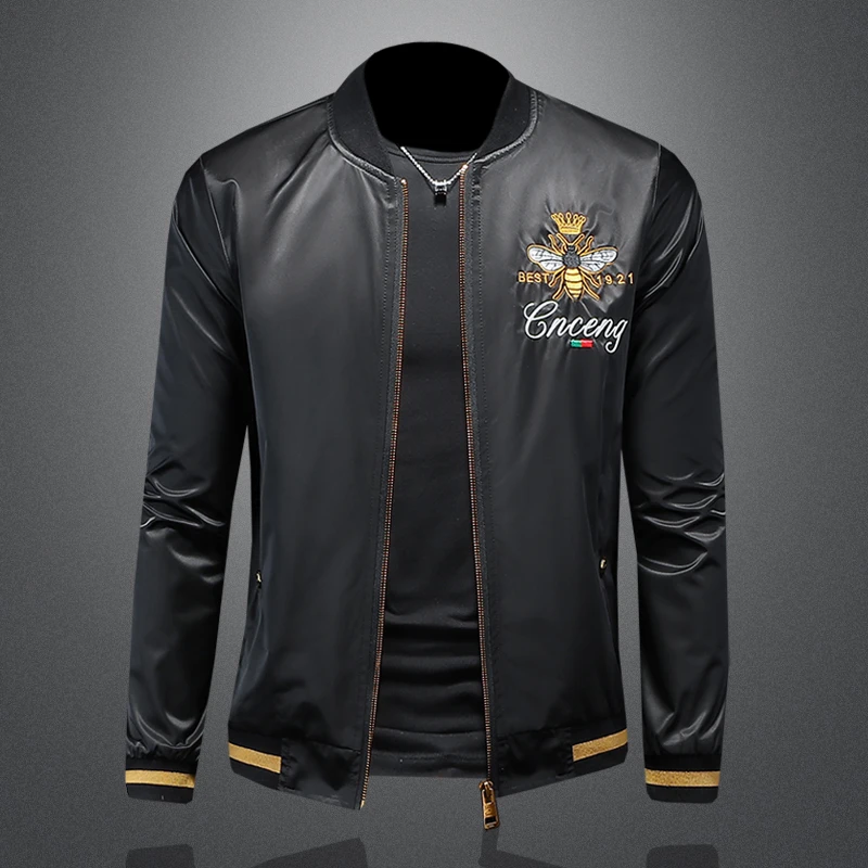 约文库费刺绣夹克男士大码外套小蜜蜂修身拼色立领春秋季夹克上衣