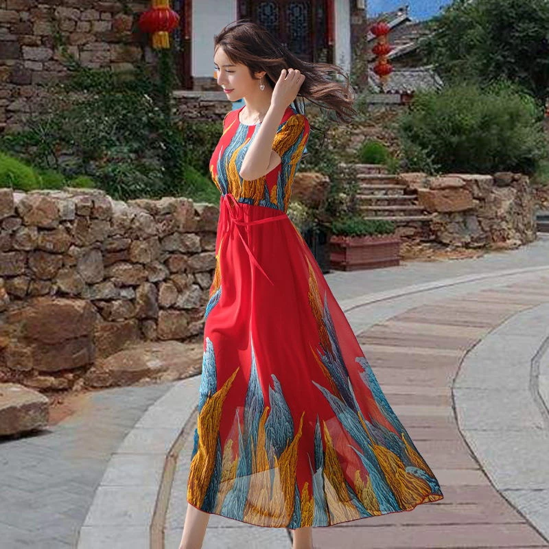 雪纺连衣裙女夏季2025新款气质收腰显瘦超仙三亚海边度假沙滩裙子