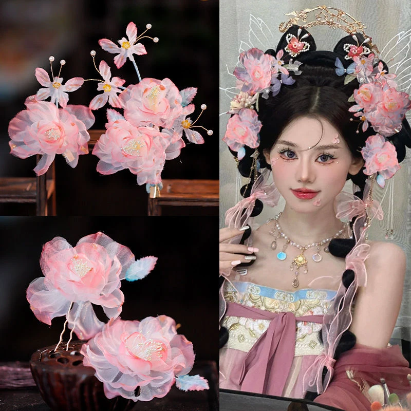 纯手工实拍!古风绢纱花发夹 仙气感氛围感烫花朵蝴蝶绢纱发夹头饰