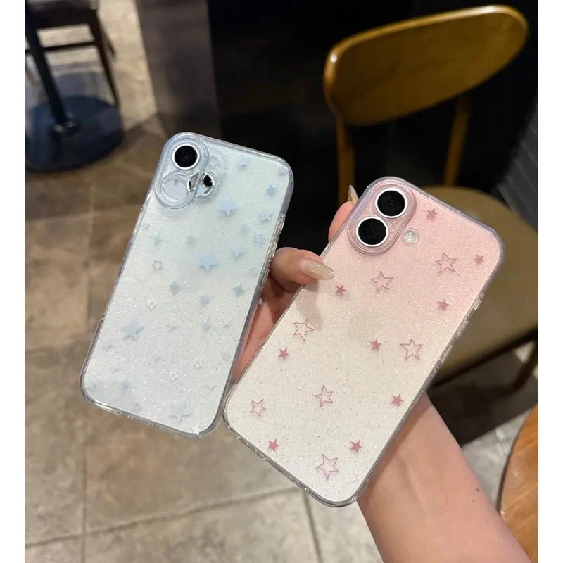 蓝粉晕染星星适用iPhone16/15pro透明闪粉苹果14手机壳13套