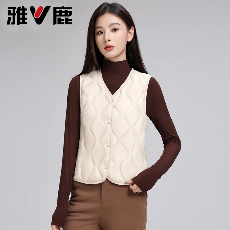 V/雅鹿2025新款马甲女轻薄短款鸭绒内胆羽绒背心保暖坎肩内恤外搭