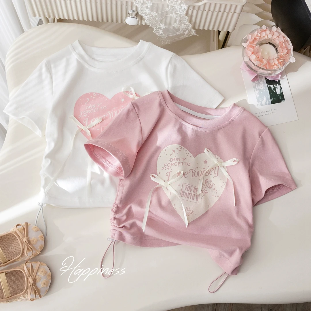 女童短袖T恤夏季新款韩版爱心印花半袖上衣女宝宝甜美蝴蝶结衣服