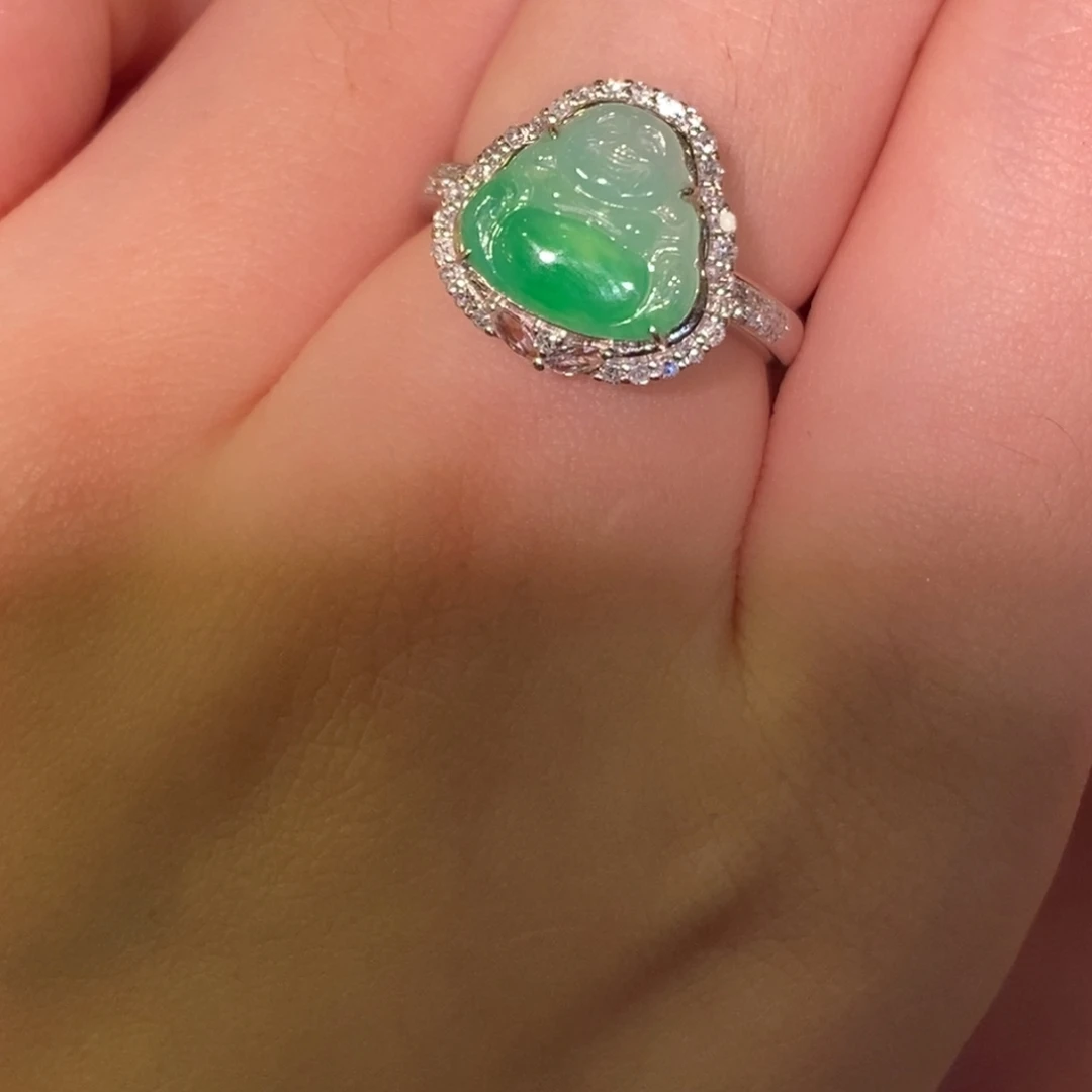 翡翠戒指18K金镶嵌冰飘翠佛公戒指