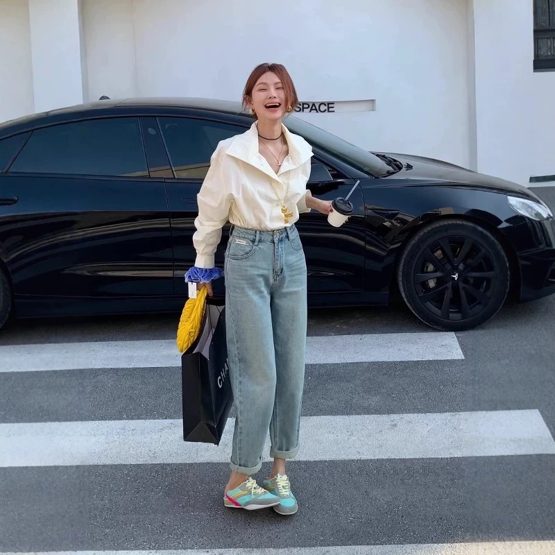 W00708窄版宽松显瘦百搭拖地直筒裤（扣眼已开裤脚挽起介意勿拍）