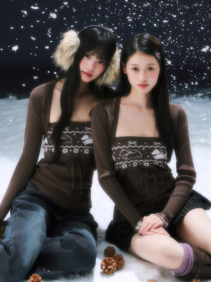 法式减龄费尔岛毛衫2025秋冬女咖色毛衣叠穿针织休闲长袖开衫外套