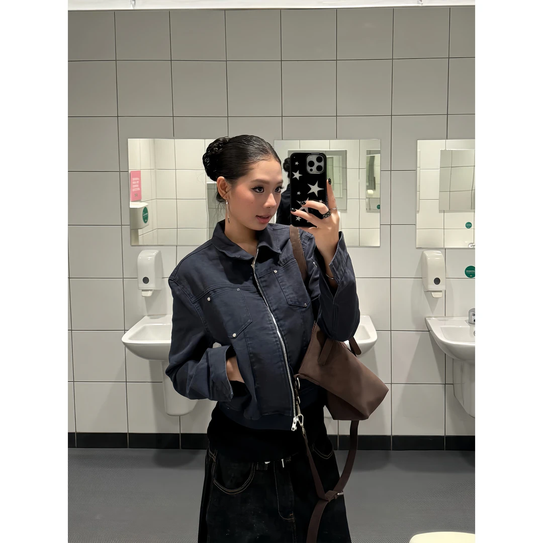 美式复古铆钉短款夹克女早秋季辣妹高级质感翻领外套休闲百搭上衣