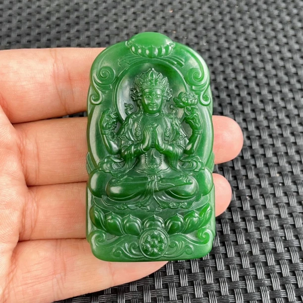 【七号矿老辣绿】俄老料碧玉脂粉细料四臂观音大牌吊坠