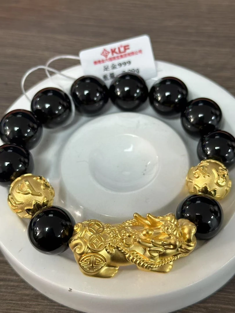 【足金999】卡14如意钱币貔貅+2颗六字箴言转运珠