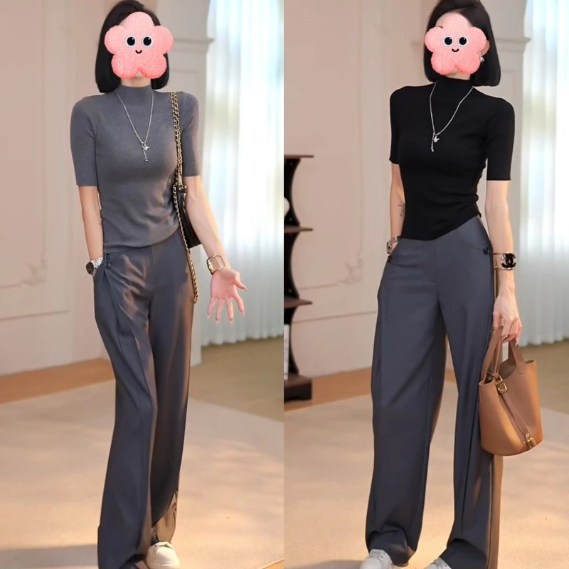 2025新款显瘦中袖半高领针织衫+高腰显瘦百搭休闲长裤LK2505443