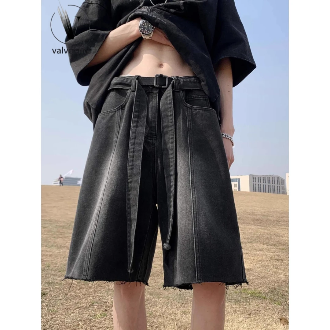 VALVOELITE美式复古水洗毛边牛仔短裤男夏季休闲宽松阔腿五分裤