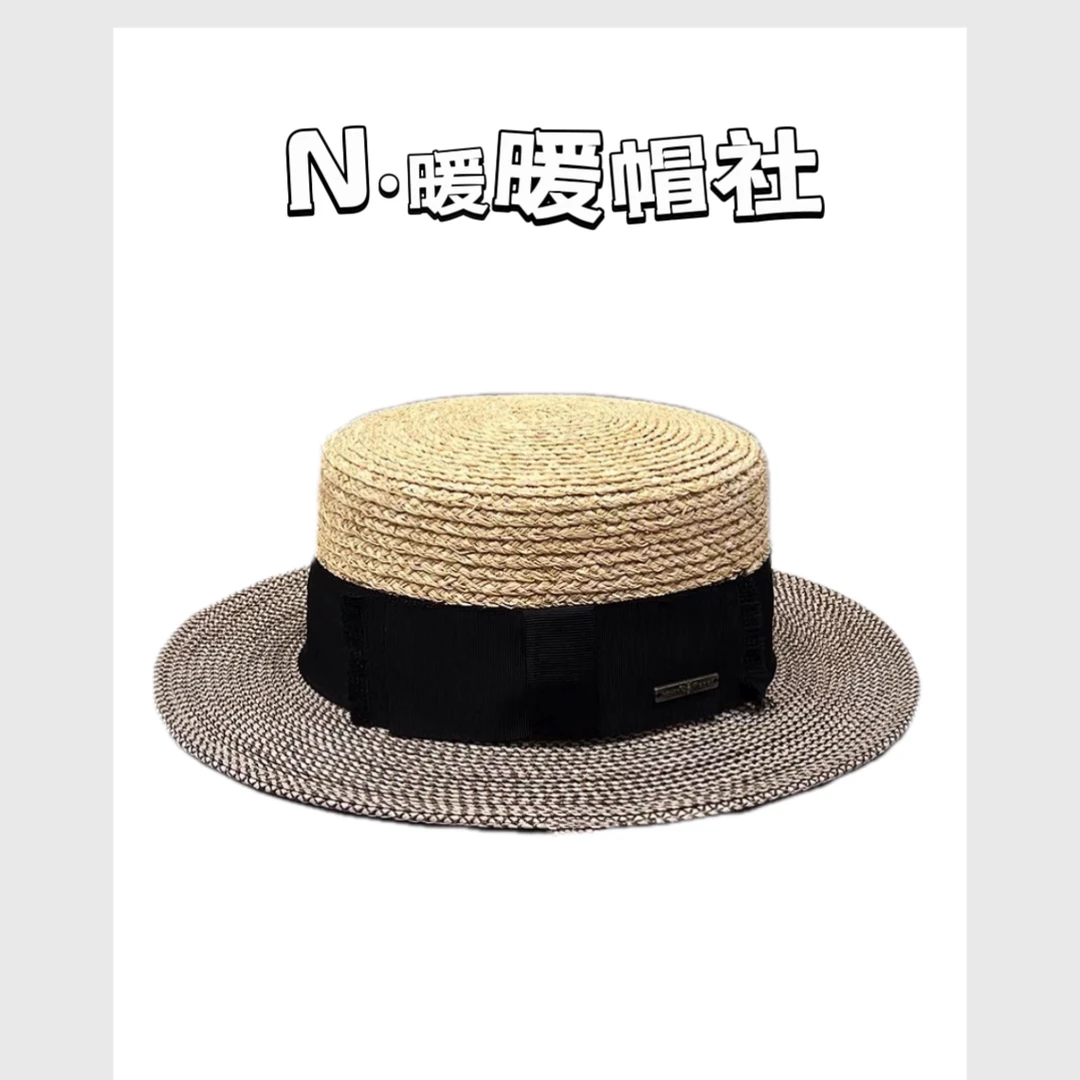 新款时尚百搭拉菲草拼接平顶草帽女韩版夏季出游度假沙滩遮阳帽子