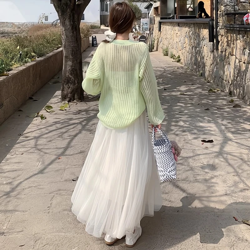 网纱蓬蓬裙女夏季2025新款白色半身裙小个子高腰垂感a字雪纺长裙