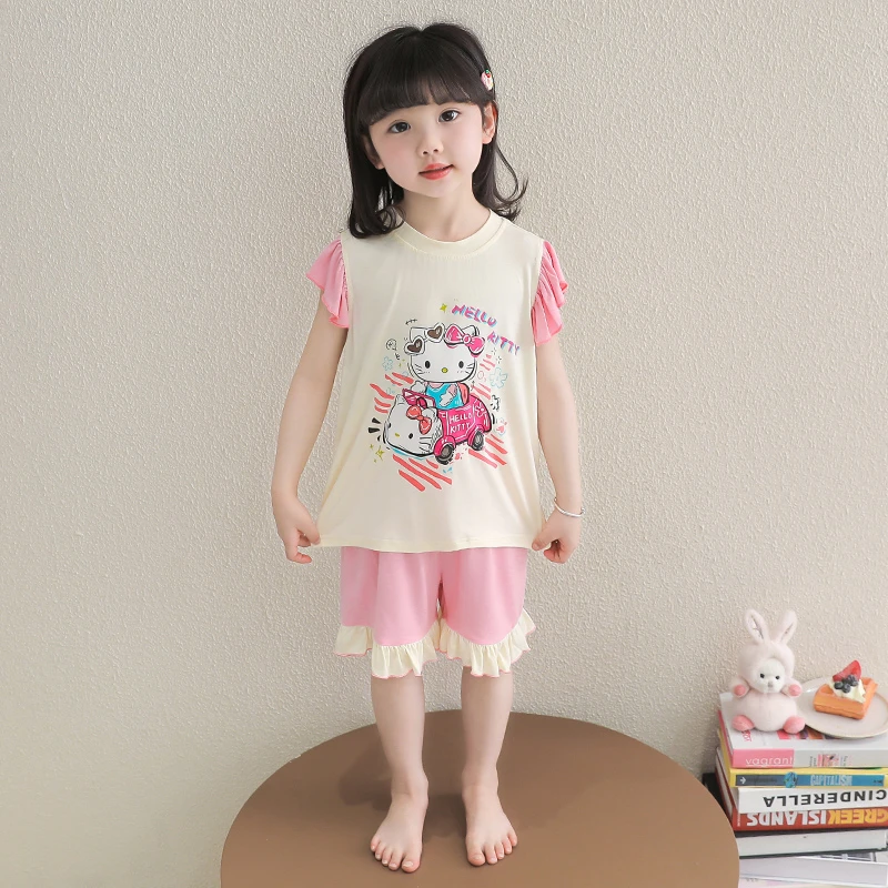 女童睡衣莫代尔夏季薄款宝宝KT猫空调服儿童夏天小女孩家居服套装