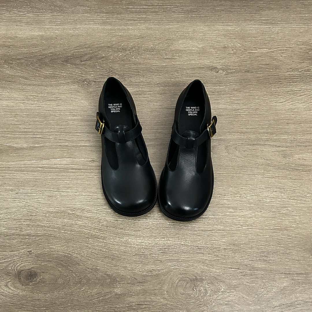 Dannyfrey复古气质百搭圆头女头层水洗牛皮夏季平底小皮鞋3CM