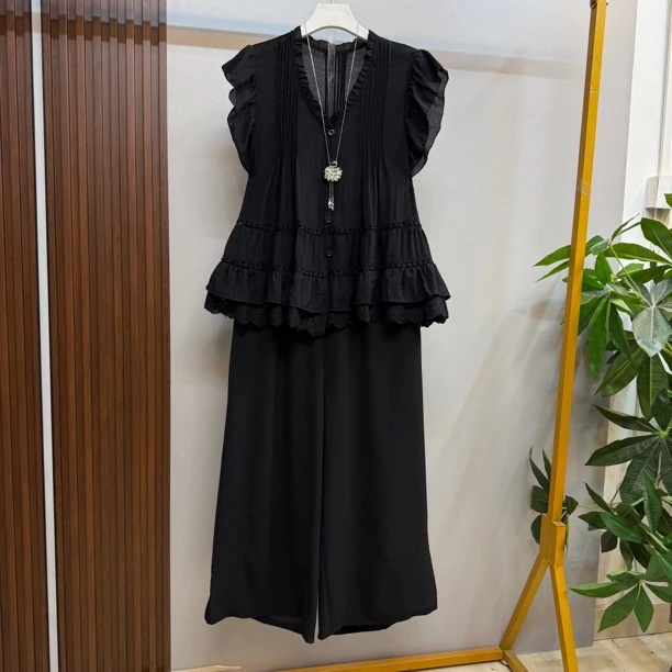 新款大码女装时尚洋气欧货木耳边韩版宽松上衣十阔腿裤(可单拍)