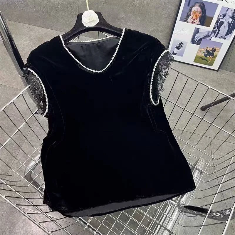新款大码黑色丝绒短袖t恤女2025夏季显瘦百搭上衣/3399