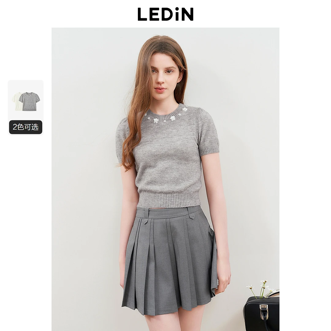 【欧若风】乐町领口珠片绣线套衫25年新款泡泡袖短袖针织衫上衣