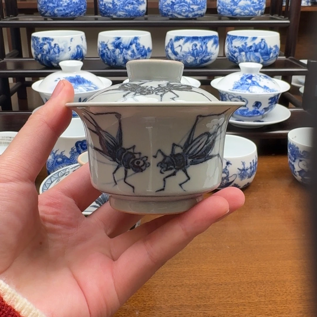 热***福瓷片熊窑虫马蹄盖碗